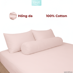 Bộ ga gối lụa Cotton Satin trơn màu - Mướt Bedding, bộ 4 món cao cấp Hồng da 1m8x2m (Dày 13-22cm)