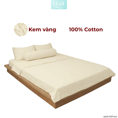 Bộ 5 món ga gối lụa ( vỏ chăn )Cotton Satin trơn màu - Mướt Bedding, bộ 5 món cao cấp Kem vàng 2m2x2m (Dày 35cm trở lên)