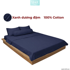 Bộ 5 món ga gối lụa ( vỏ chăn )Cotton Satin trơn màu - Mướt Bedding, bộ 5 món cao cấp Xanh dương đậm 2mx2m (Dày 23-35cm)