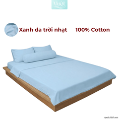 Bộ 5 món ga gối lụa ( vỏ chăn )Cotton Satin trơn màu - Mướt Bedding, bộ 5 món cao cấp Xanh da trời 2mx2m (Dày 35cm trở lên)