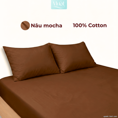Bộ ga gối lụa Cotton Satin trơn màu - Mướt Bedding, bộ 3 món cao cấp Nâu mocha 2mx2m (Dày 13-22cm)