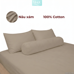 Bộ ga gối lụa Cotton Satin trơn màu - Mướt Bedding, bộ 4 món cao cấp Nâu xám 2mx2m (Dày 23-35cm)