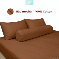 Bộ ga gối lụa Cotton Satin trơn màu - Mướt Bedding, bộ 4 món cao cấp Nâu mocha 1m6x2m (Dày 23-35cm)