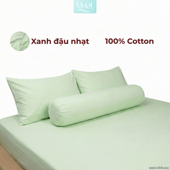 Bộ ga gối lụa Cotton Satin trơn màu - Mướt Bedding, bộ 4 món cao cấp Xanh đậu nhạt 1m8x2m (Dày 13-22cm)