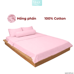 Bộ 5 món ga gối lụa ( vỏ chăn )Cotton Satin trơn màu - Mướt Bedding, bộ 5 món cao cấp Hồng phấn 2m2x2m (Dày 35cm trở lên)