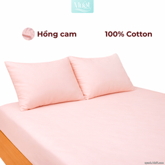 Bộ ga gối lụa Cotton Satin trơn màu - Mướt Bedding, bộ 3 món cao cấp Hồng cam 1m8x2m (Dày 13-22cm)
