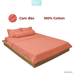 Bộ 5 món ga gối lụa ( vỏ chăn )Cotton Satin trơn màu - Mướt Bedding, bộ 5 món cao cấp Cam đào 2m2x2m (Dày 35cm trở lên)