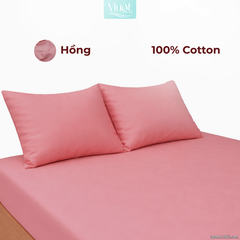 Bộ ga gối lụa Cotton Satin trơn màu - Mướt Bedding, bộ 3 món cao cấp Hồng 1m4x2m (Dày 35cm trở lên)