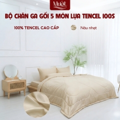 [Tencel 100s] Bộ chăn ga gối Lụa Tencel 100s 5 món cao cấp Mướt Bedding, chăn chần bông đầy đủ kích thước - Nâu nhạt - 1m8x2m (Dày 5-22cm)