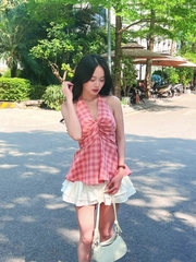 Áo Yếm Caro Ngực Nơ Tà Nhún Thô Cotton AY11