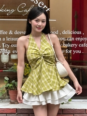 Áo Yếm Caro Ngực Nơ Tà Nhún Thô Cotton AY11