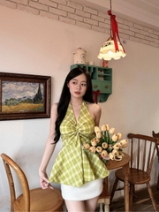 Áo Yếm Caro Ngực Nơ Tà Nhún Thô Cotton AY11