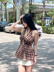Áo Yếm Caro Ngực Nơ Tà Nhún Thô Cotton AY11