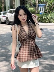 Áo Yếm Caro Ngực Nơ Tà Nhún Thô Cotton AY11