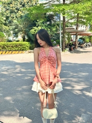 Áo Yếm Caro Ngực Nơ Tà Nhún Thô Cotton AY11