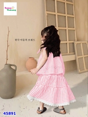 Set váy Chohee caro hồng đính nơ
