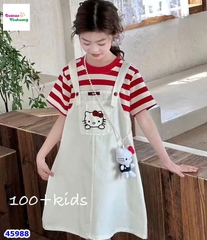 Set đầm yếm trắng, áo sọc đỏ Kitty
