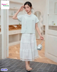 Set áo xanh lá, chân váy trắng dài