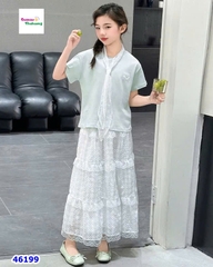 Set áo xanh lá, chân váy trắng dài