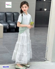 Set áo xanh lá, chân váy trắng dài