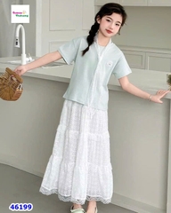 Set áo xanh lá, chân váy trắng dài
