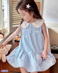 Đầm Luca xanh cổ trắng thêu nơ