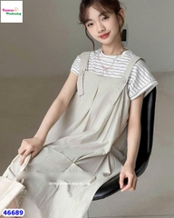 Set đầm yếm xám, áo sọc