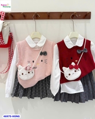 Set 3: sơ mi, chân váy xám, gile hồng Kitty (tặng túi đeo)
