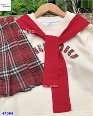 Set MLS kem miu miu, váy caro đỏ