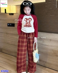 Set MLS đỏ in gấu, quần caro đỏ