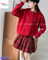 Set 3 món Áo len đỏ nấm + chân váy caro đỏ