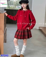Set 3 món Áo len đỏ nấm + chân váy caro đỏ