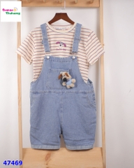 Set yếm quần jean, áo sọc chó