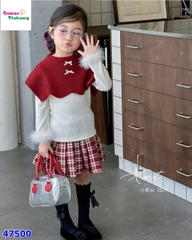 Set 3 món đính nơ, chân váy caro đỏ
