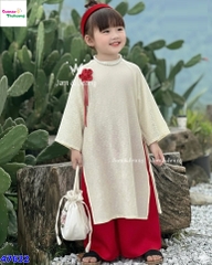 Áo dài J&J kem thêu hoa, quần đỏ