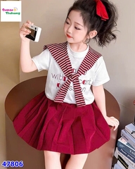 Set 3 món áo trắng, chân váy đỏ