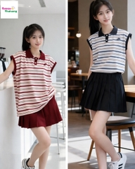 Set DDH áo polo sọc xanh, váy đen