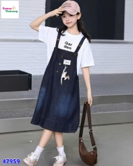 Set yếm jean DDH, áo trắng Garden