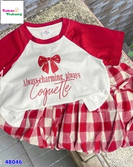Set váy J&J trắng tay đỏ nơ, váy bí caro đỏ