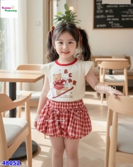 Set váy MLS kem gấu nâu, váy bí caro đỏ