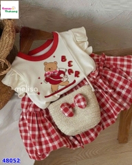 Set váy MLS kem gấu nâu, váy bí caro đỏ