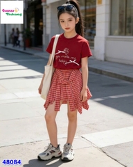 Set áo đỏ đính nơ, chân váy caro đỏ