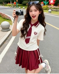 Set NYY polo kem, váy đỏ + cà vạt
