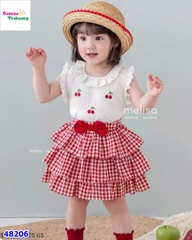 Set MLS trắng Cherry, chân váy caro đỏ