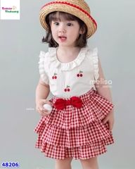 Set MLS trắng Cherry, chân váy caro đỏ