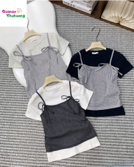 Áo thun đen dây sọc caro xám