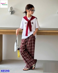 Set áo trắng HOPE, khăn choàng, quần caro đỏ