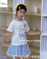 Set áo trắng in cún, chân váy xanh