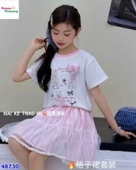 Set áo trắng in cún, chân váy hồng