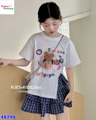 Set áo trắng gấu, chân váy caro xanh